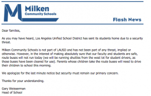One of the multiple emails sent during LAUSD threats December 15. The school hopes improved communication systems will assist in the event of emergencies. 