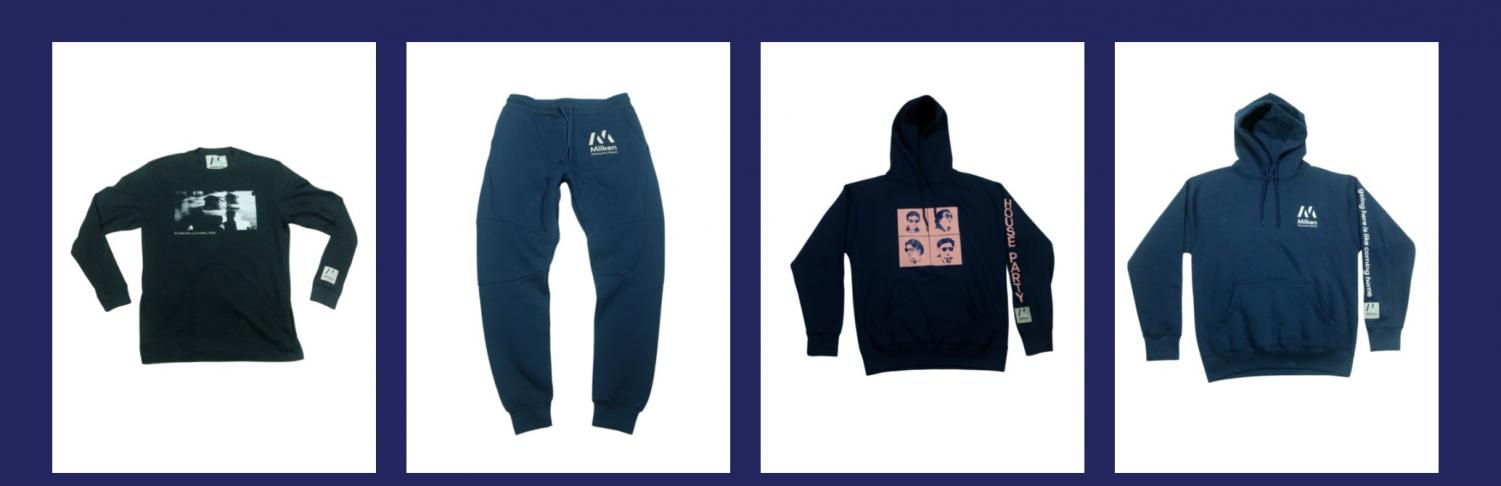 Image of two hoodies, a crewneck, and sweatpants from the recent merch line