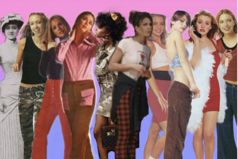 Collage made on Picsart. From Left to Right: Woman wearing a corset, Y2k magazine advertisement, 60s Fashion catalog flare pants, 70s corduroy catalog, 80s Saved by the Bell promo, Rachel from Friends promo, 80s tights and shoes promo, Y2k tie shirt baggy pants from magazine, 1995 Clueless promo, Y2k fashion catalog