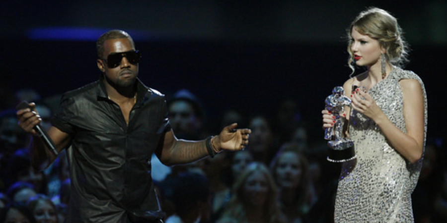 Kanye takes the stage midway through Swift’s 2009 VMA acceptance speech.