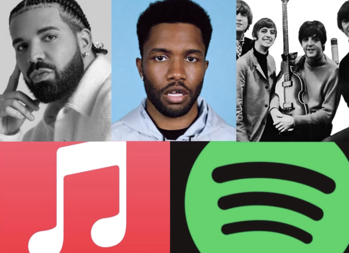 Images of Frank Ocean, The Beatles, and Drake alongside Apple Music and Spotify logos.  
