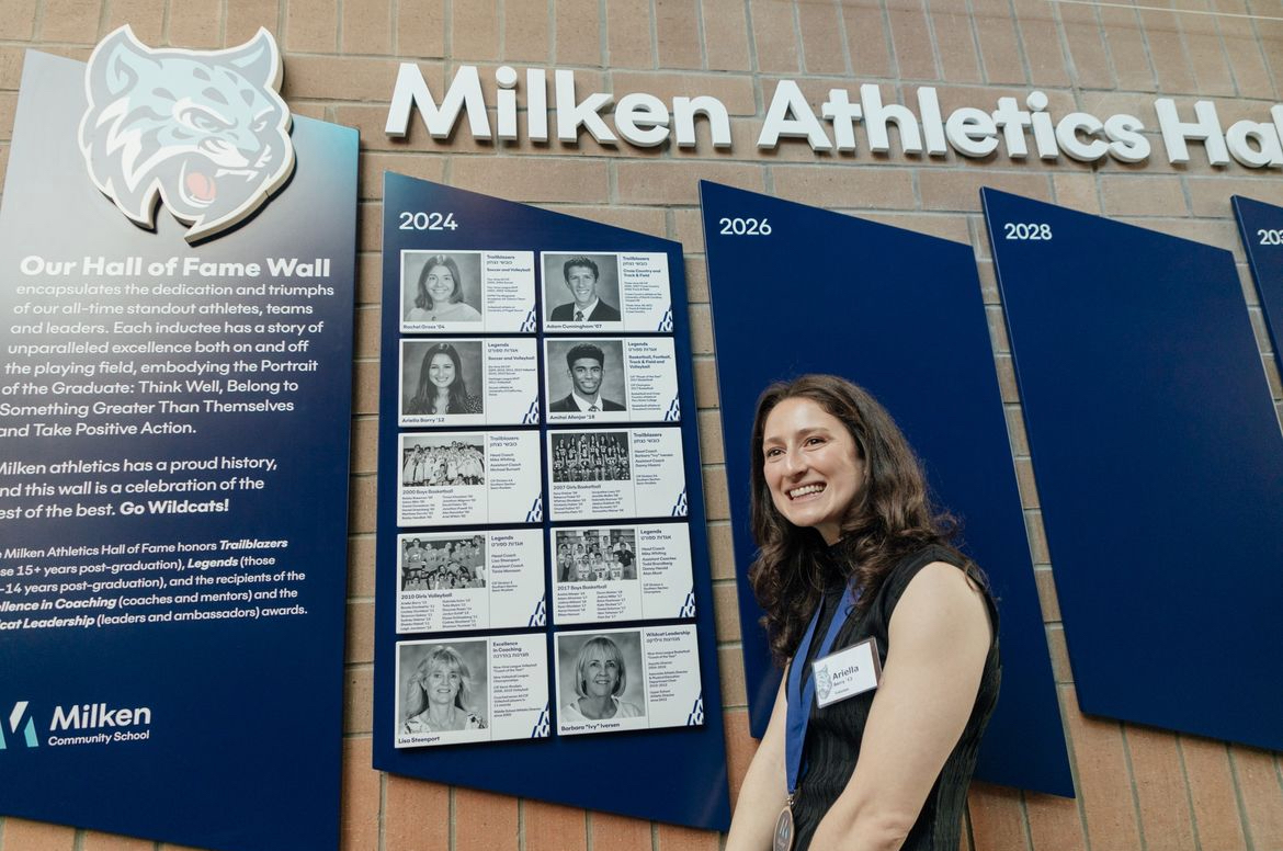 Hall of Fame Athlete Ariella Barry 12 in Front of the new Milken Hall of Fame wall (Azusa Takano) 
