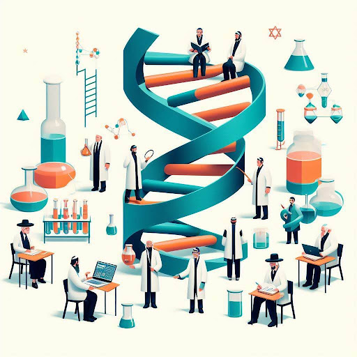 Illustration of Jewish scholars examining a DNA strand