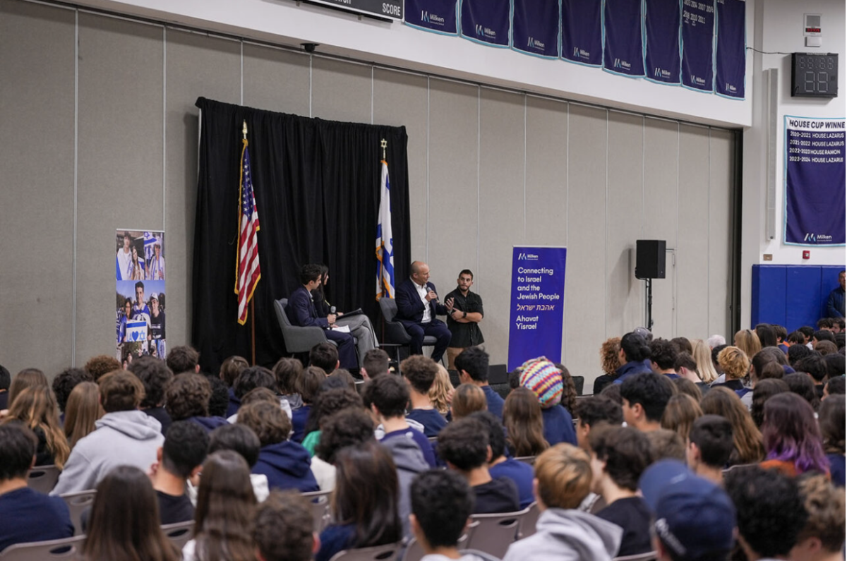 Noa Foruzanfar '25 and Tomer Zur '26 interviewing former Prime Minister of Israel Naftali Bennett. 