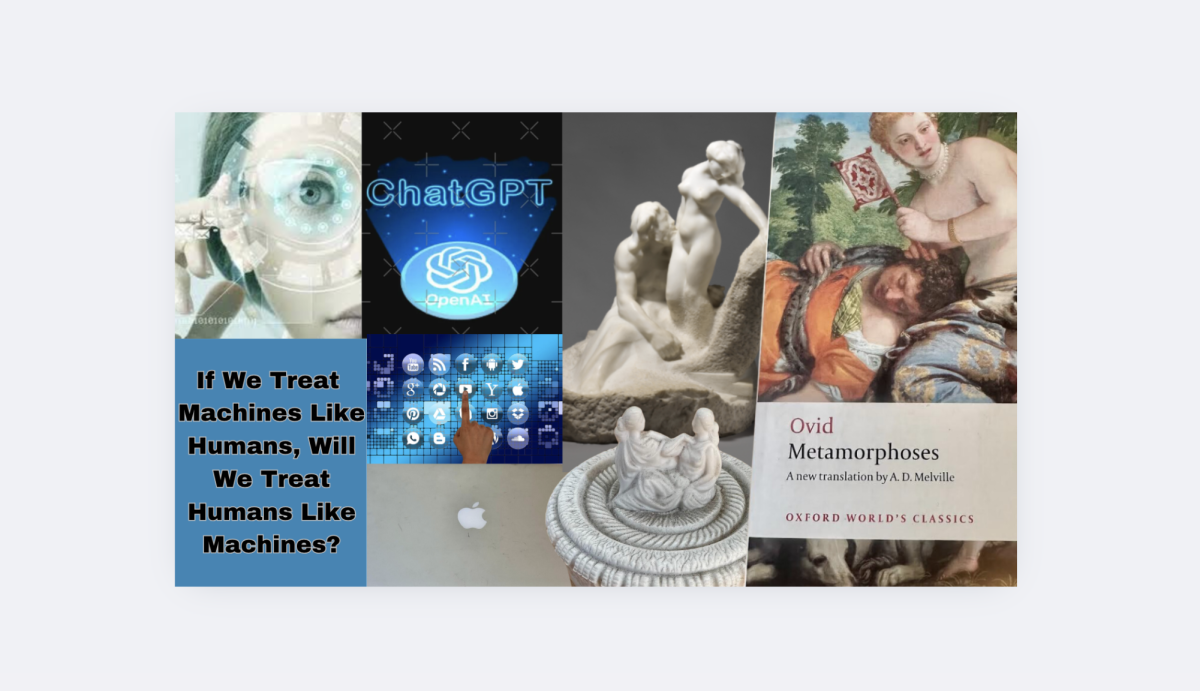 From right to left: 
Ovid's Metamorphoses (Deborah Stokol), Statue: Pygmalion and Galatea (Auguste Rodin, courtesy of WikiCommons), Jar with women on lid (Deborah Stokol), Apple Laptop (Deborah Stokol), Social Media (PikPik), ChatGPT Image (printerval), Woman with digital monocle (The Architect's Diary)

Collage by Tomer Zur 

