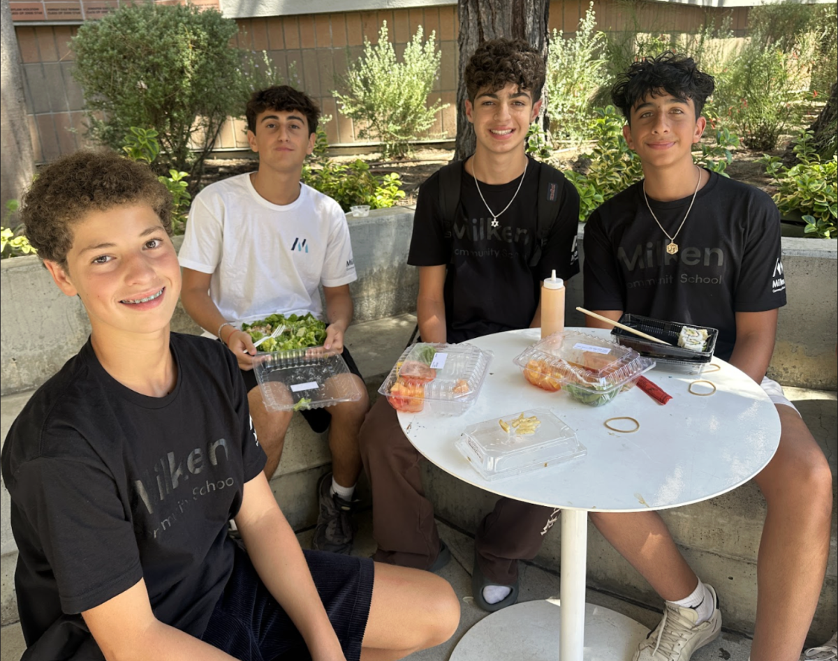 9th graders Romeo Jensen, Brandon Banooni, Ari Farhahmand and Jason Shayestenfar. Courtesy of Milken yearbook staff. 