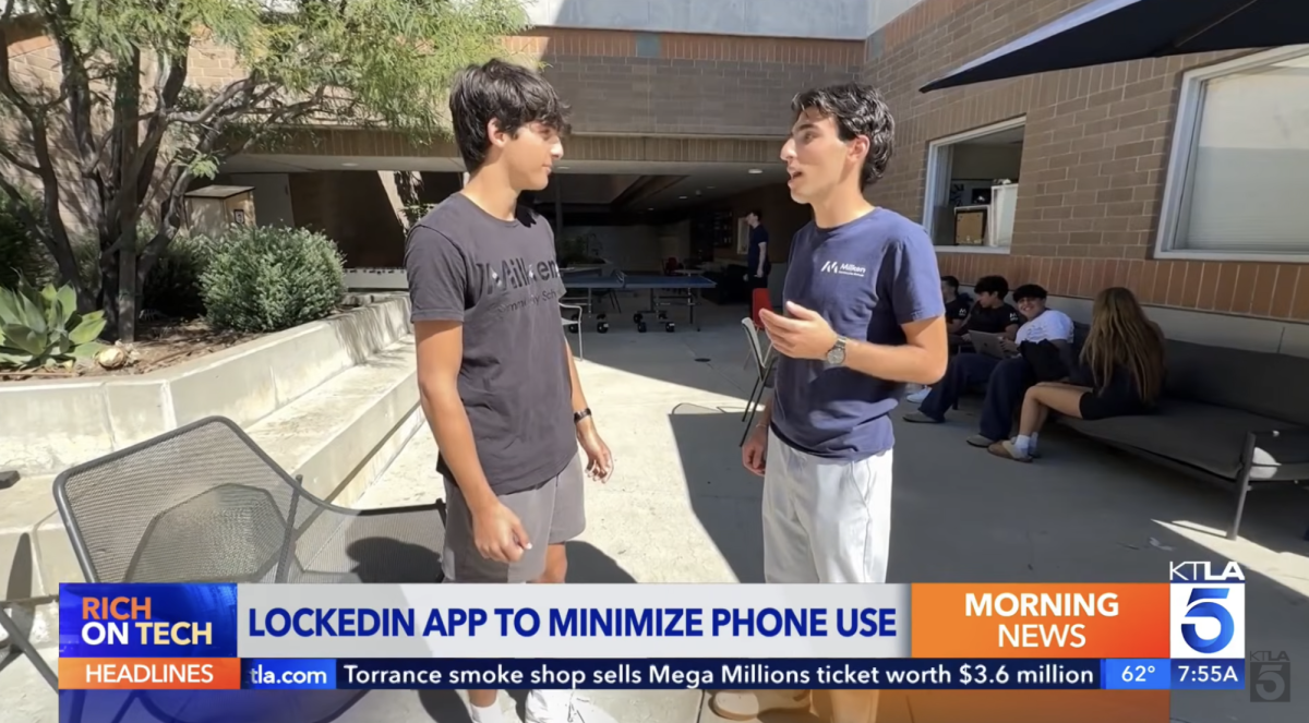 LockedIn founders Noah Fakheri ’26 and Brian Ohebshalom ’26 pitch their app on the KTLA news.